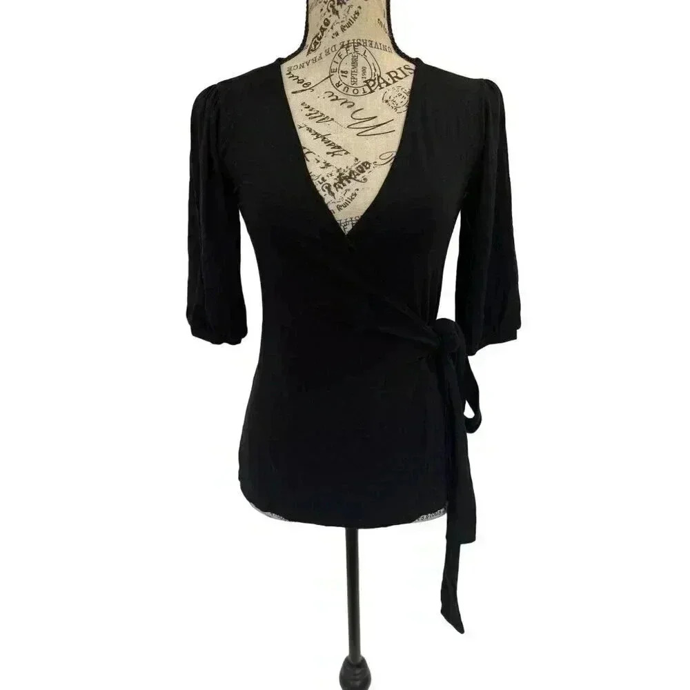 Halogen, wrap blouse top, Black, Petite XXS